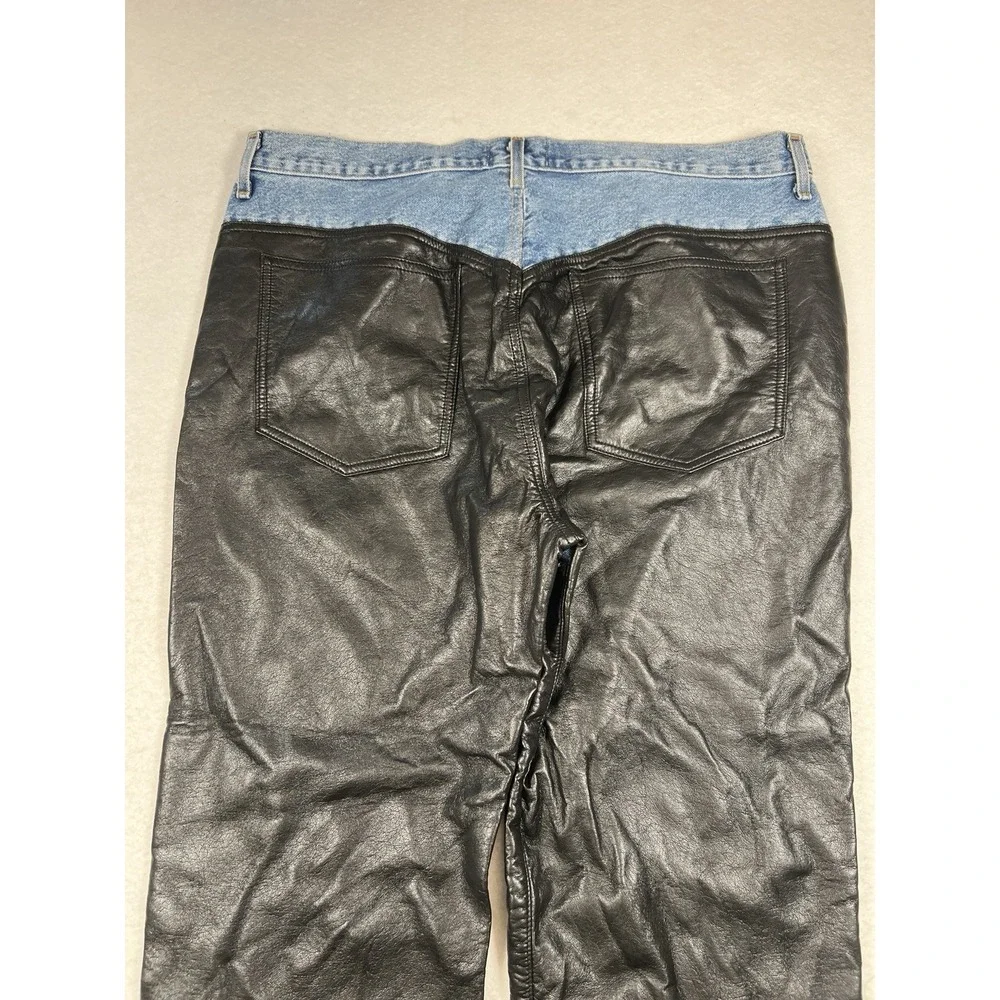 Agolde‎ Harley Denim And Leather Panel High Rise Straight Leg Jeans Blue Size 34